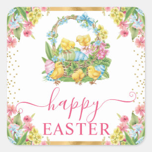 Aquarell-Küken und Eier Blumen Happy Easter Quadratischer Aufkleber