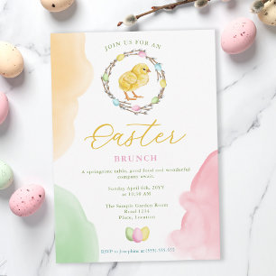 Aquarell-Küken und Pastell-Kranz Oster-Brunch Einladung