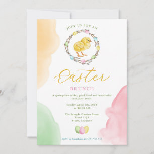 Aquarell-Küken und Pastell-Kranz Oster-Brunch Einladung