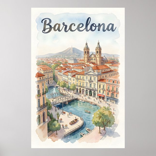 Aquarell-Kunst Barcelona Poster (Vorne)