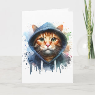 Aquarell-Kunstwerk Getigerte Katze Blaue Kapuzenja Karte