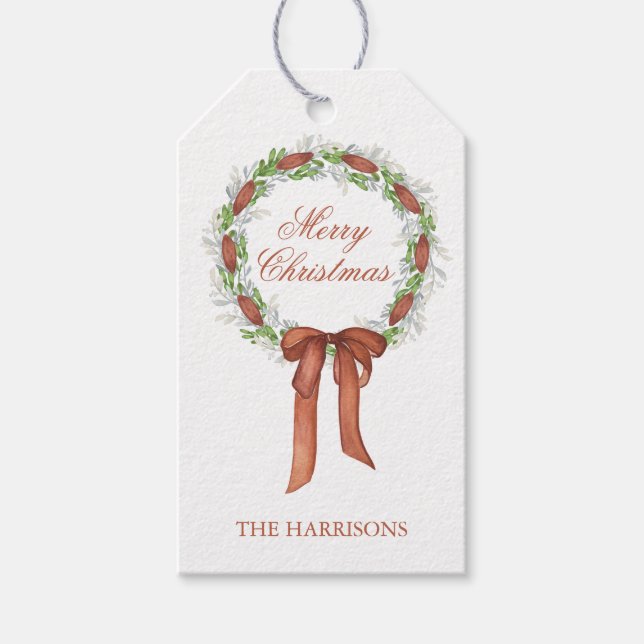 Aquarell Kupfer Bow Ribbon Wraath Weihnachten Geschenkanhänger (Vorderseite)