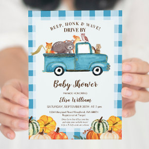 Aquarell-Kürbis-Blauer-LKW-Vorbeifahrt-Baby-Party Einladung