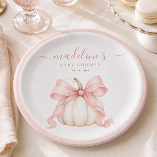 Aquarell-Kürbis Herbst Rosa Schleife Baby Mädchen Pappteller