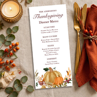 Aquarell-Kürbis-Herbstblätter-Thanksgiving Menükarte
