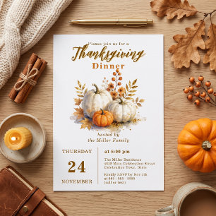 Aquarell-Kürbisse Goldene Blätter Herbst Thanksgiv Einladung