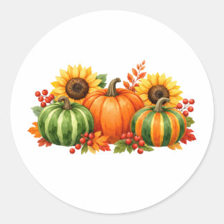 Aquarell-Kürbisse, Sonnenblumen und Beeren Runder Aufkleber