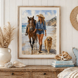 Aquarell-Küsten-Cowgirl-Strandspaziergang-Wandkuns Poster