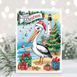 Aquarell-Küstenpelikan-Weihnachtskarte Feiertagskarte
