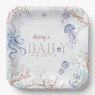 Aquarell-Küstenseeleben-Baby-Party Pappteller