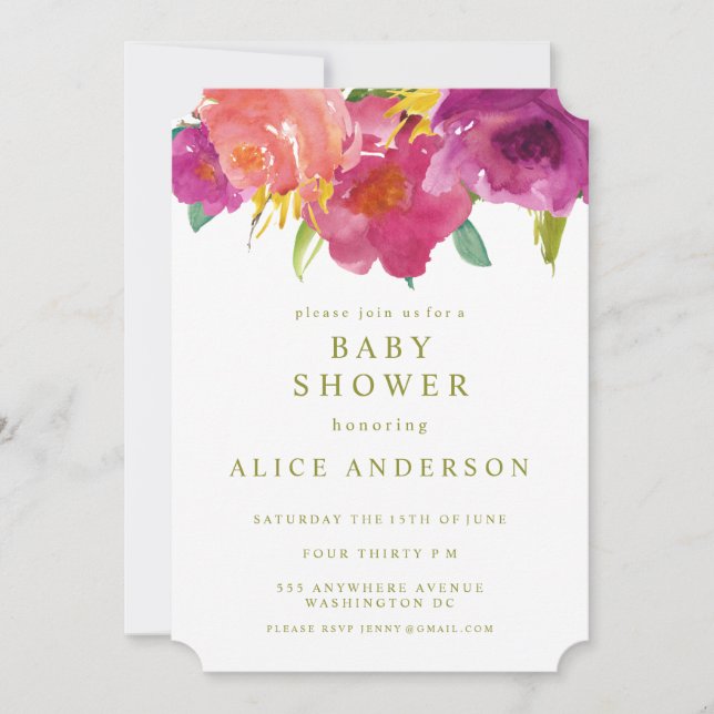 Aquarell-laden Blumengarten-Babyparty ein Einladung (Vorderseite)