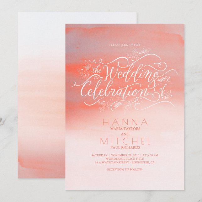 Aquarell-lädt rosa moderne Typografie-Hochzeit ein Einladung (Vorne/Hinten)