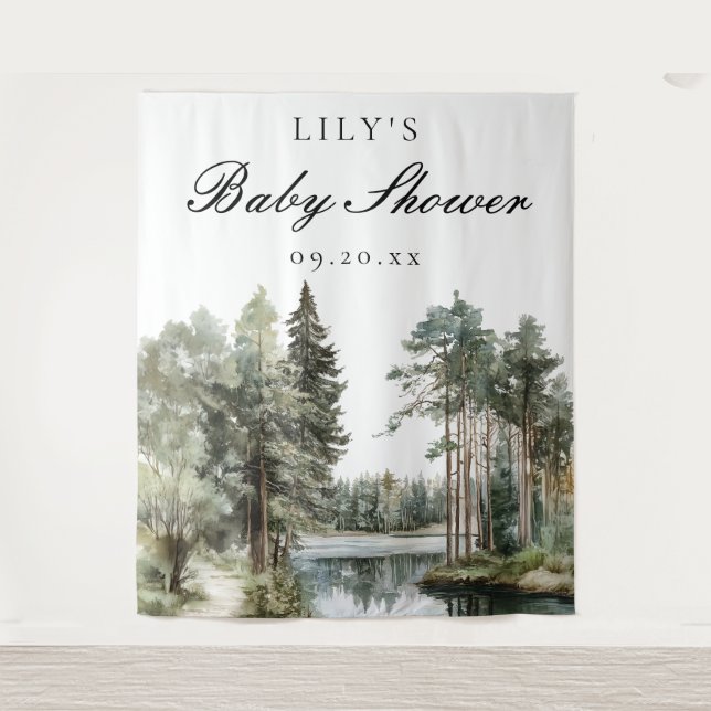 Aquarell Lake Forest Baby Dusche Foto Hintergrund Wandteppich (Vorderseite)