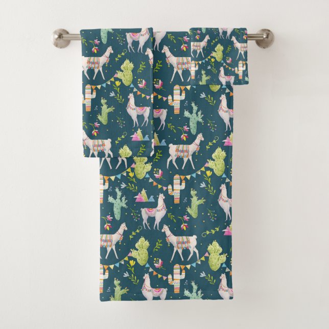 Aquarell-Lama-Flaggen-Muster Badhandtuch Set (Insitu)