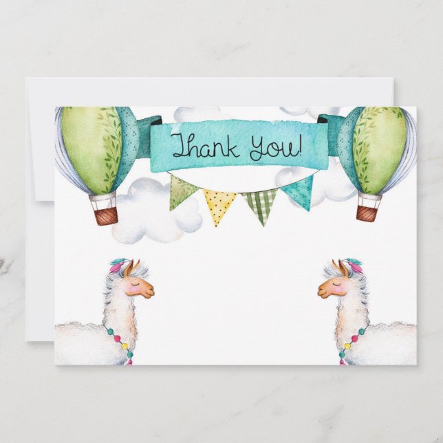 Aquarell-Lama-Heißluft-Ballon danken Ihnen zu Dankeskarte (Vorderseite)