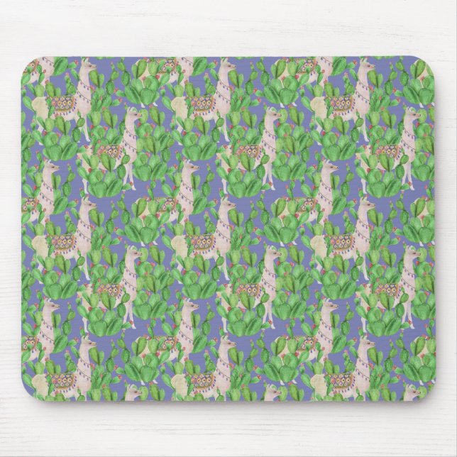 Aquarell-Lama u. Catus Muster Mousepad (Vorne)