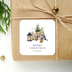 Aquarell Landhaus-Gnom Weihnachten Quadratischer Aufkleber