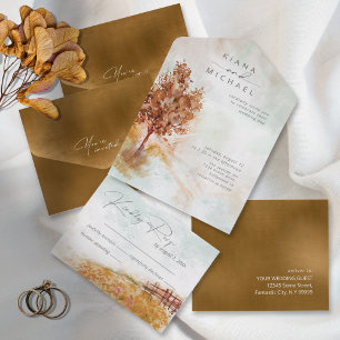 Aquarell-Landschaft-Hochzeit Ganz Herbstgold ID786 All In One Einladung