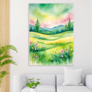 Aquarell-Landschaft mit Hügeln und Bäumen Poster