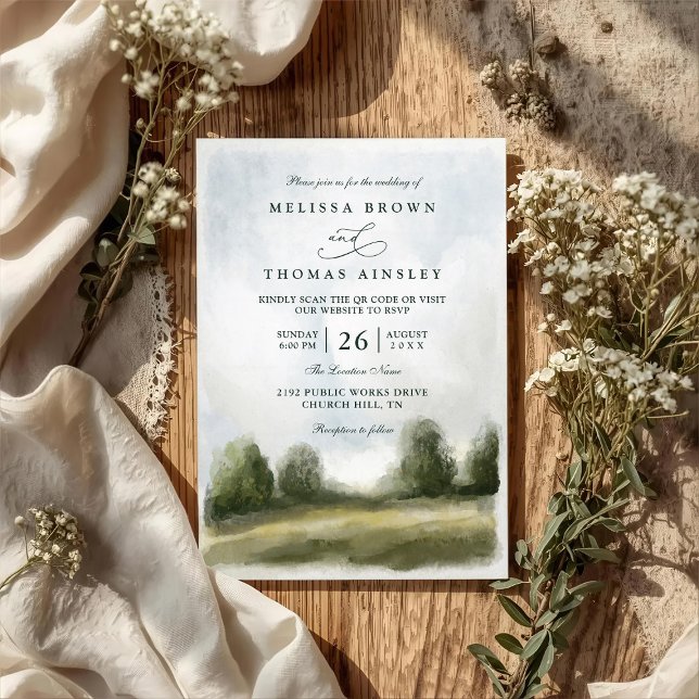 Aquarell-Landschafts-QR-Code-Hochzeit Einladung (Von Creator hochgeladen)