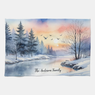 Aquarell-Landsee-Sonnenaufgang-Winter-Schneeszene Geschirrtuch