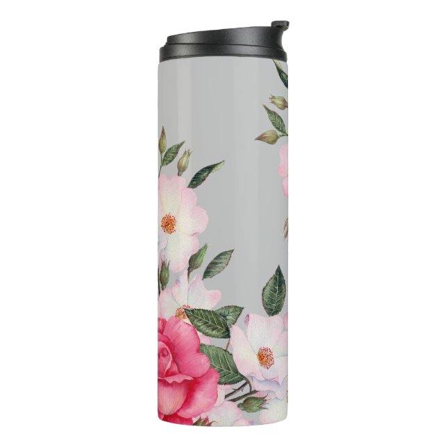 Aquarell Lebende rosa Rosen Moderne Grau Thermosbecher (Nach links gedreht)