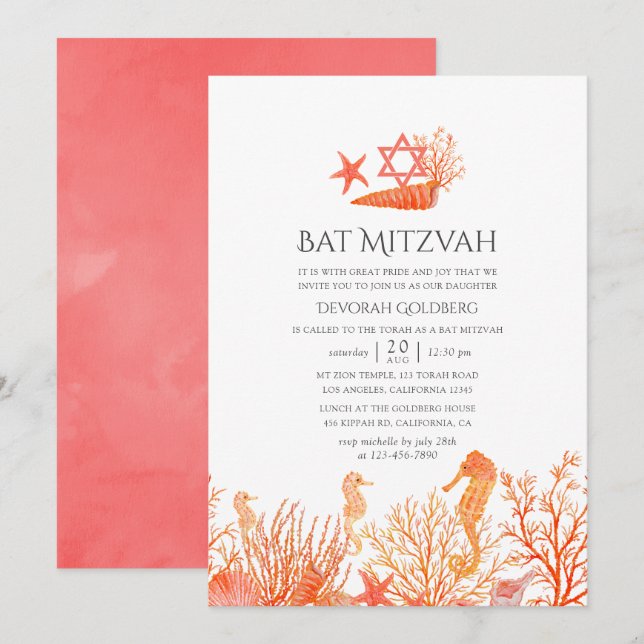 Aquarell Lebendes Korallenriff Unterseebat Mitzvah Einladung (Vorne/Hinten)