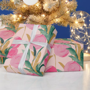 Aquarell Lebendig Gemalte Rosa Frühlingsblumen Geschenkpapier