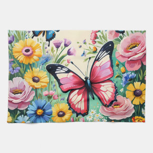 Aquarell Lebendiges Frühlingsblumenmuster Geschirrtuch