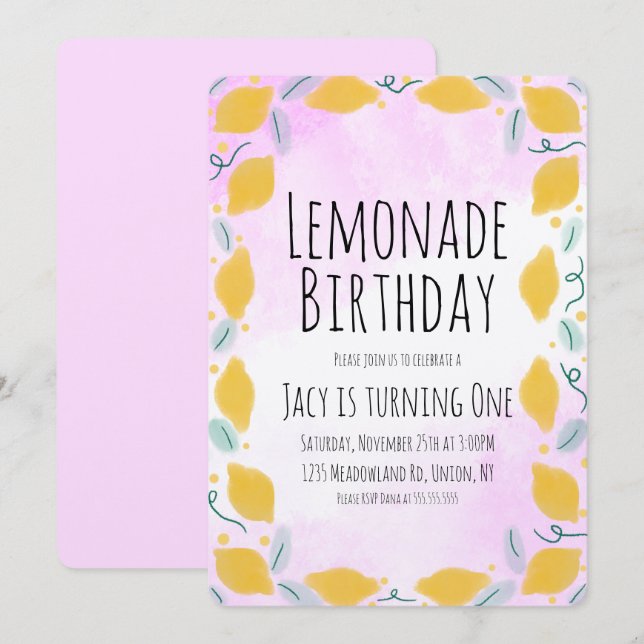 Aquarell Lemon Birthday Pink Yellow Border Art Einladung (Vorne/Hinten)