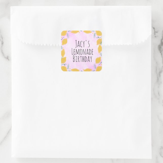 Aquarell Lemon Birthday Pink Yellow Border Art Quadratischer Aufkleber (Tasche)