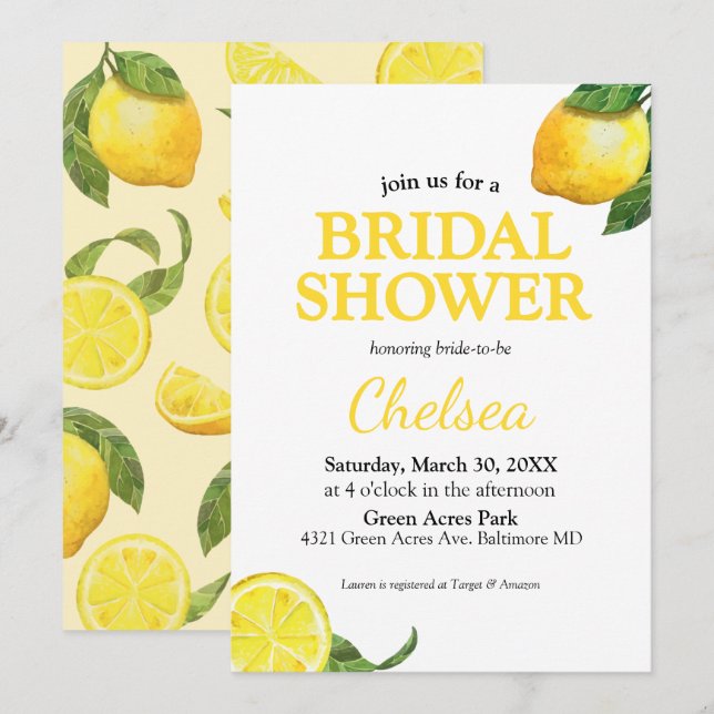 Aquarell Lemon Bridal Dusche Einladung (Vorne/Hinten)