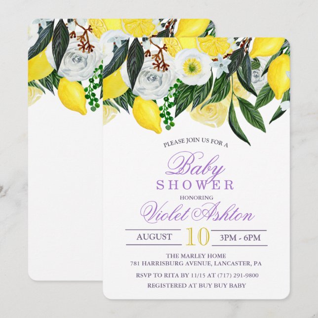 Aquarell Lemon Floral Baby Dusche Einladung (Vorne/Hinten)
