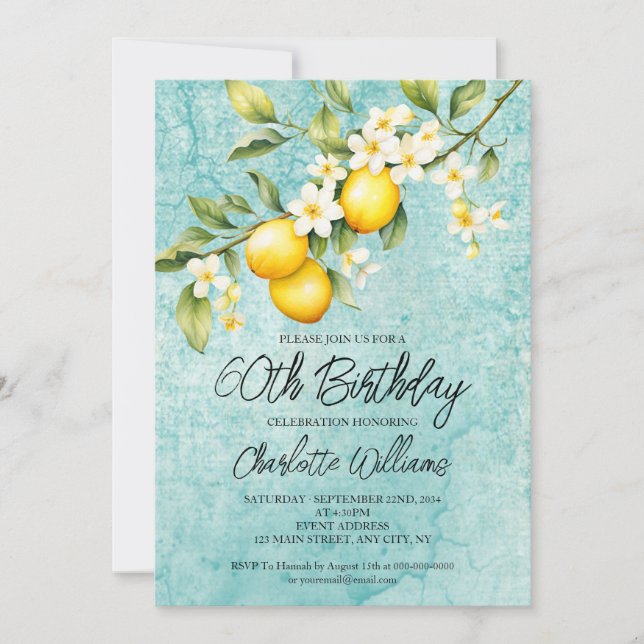 Aquarell Lemon Thema 60. Geburtstag Einladung (Vorderseite)