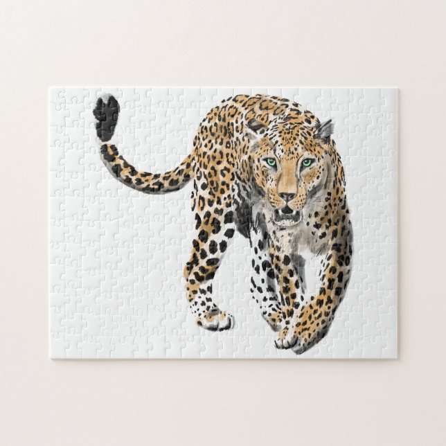 Aquarell-Leopard-Dschungelkatze gemaltes Tier grün (Horizontal)