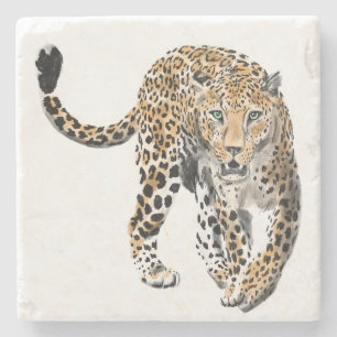 Aquarell-Leopard-Dschungelkatze gemaltes Tier grün Steinuntersetzer