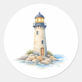 Aquarell-Leuchtturm auf den Felsen  Runder Aufkleber