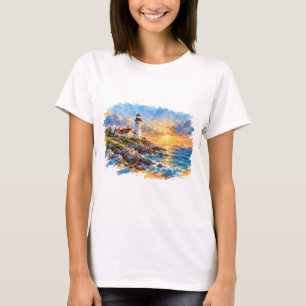 Aquarell-Leuchtturm bei Sonnenuntergang Küstenkuns T-Shirt