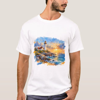 Aquarell-Leuchtturm bei Sonnenuntergang Küstenland T-Shirt