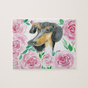 Aquarell-Liebe einer Dachshund mit rosa Rosen 