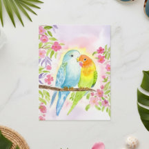 Aquarell-Liebesvögel mit rosa Blumen