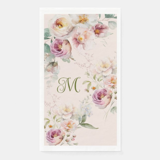 AQUARELL LIEBLICHES ROSA BLUMENMONOGRAMM INITIALE SERVIETTE (Vorderseite)