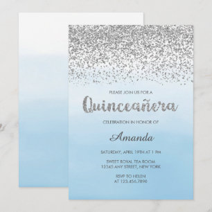Aquarell Light Blue und Silver Glam Quinceñera Einladung