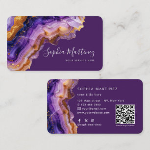 Aquarell Lila Achat Gold Glitter & QR Code Visitenkarte