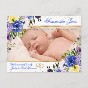 Aquarell Lila & Blaue Sommerblumen Baby Geburt Ankündigungspostkarte