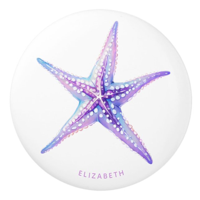 Aquarell Lila Blue Beach Starfish Küste Keramikknauf (Vorderseite)