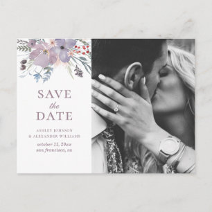 Aquarell lila Blumen. Florale Save the Date Postkarte