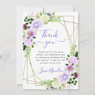 Aquarell lila Blumen Goldrahmen Geburtstag Dankeskarte