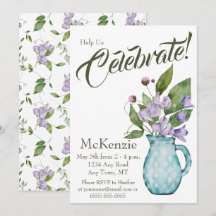 Aquarell-Lila-Blumen-Süßerbsen-Party Einladung