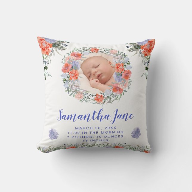 Aquarell Lila & Blush Blume Baby Phoio Kissen (Vorderseite)